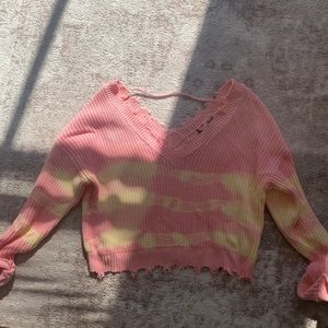 Cropped distressed pink and yellow sweater